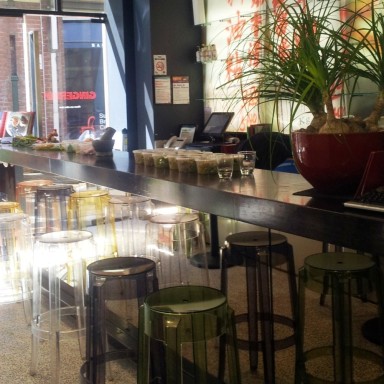 Image of the bar with seats inside Melbourne restaurant, Gingerboy